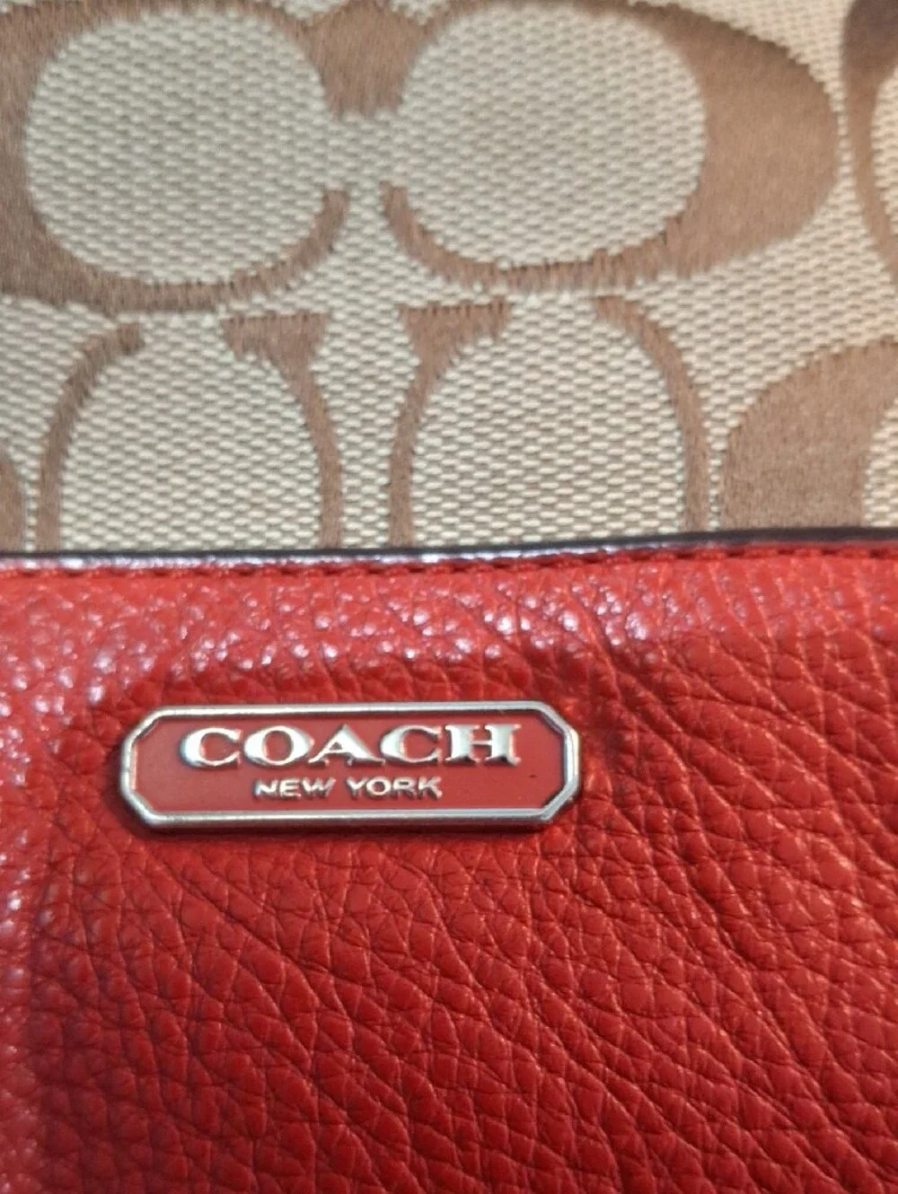 Coach Park Signature Canvas Shoulder Bag in Tan with Red Trim F30341